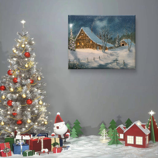 Decorated Christmas tree with ornaments, presents, and a Santa figure in a room with a snowy landscape painting on the wall.