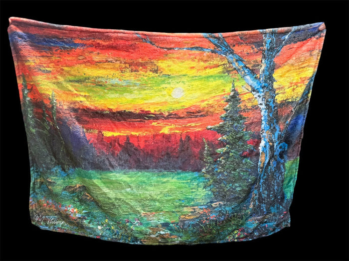 Faith-inspired fleece blanket featuring Evening Praise Christian sunset landscape painting by M. Thompson"