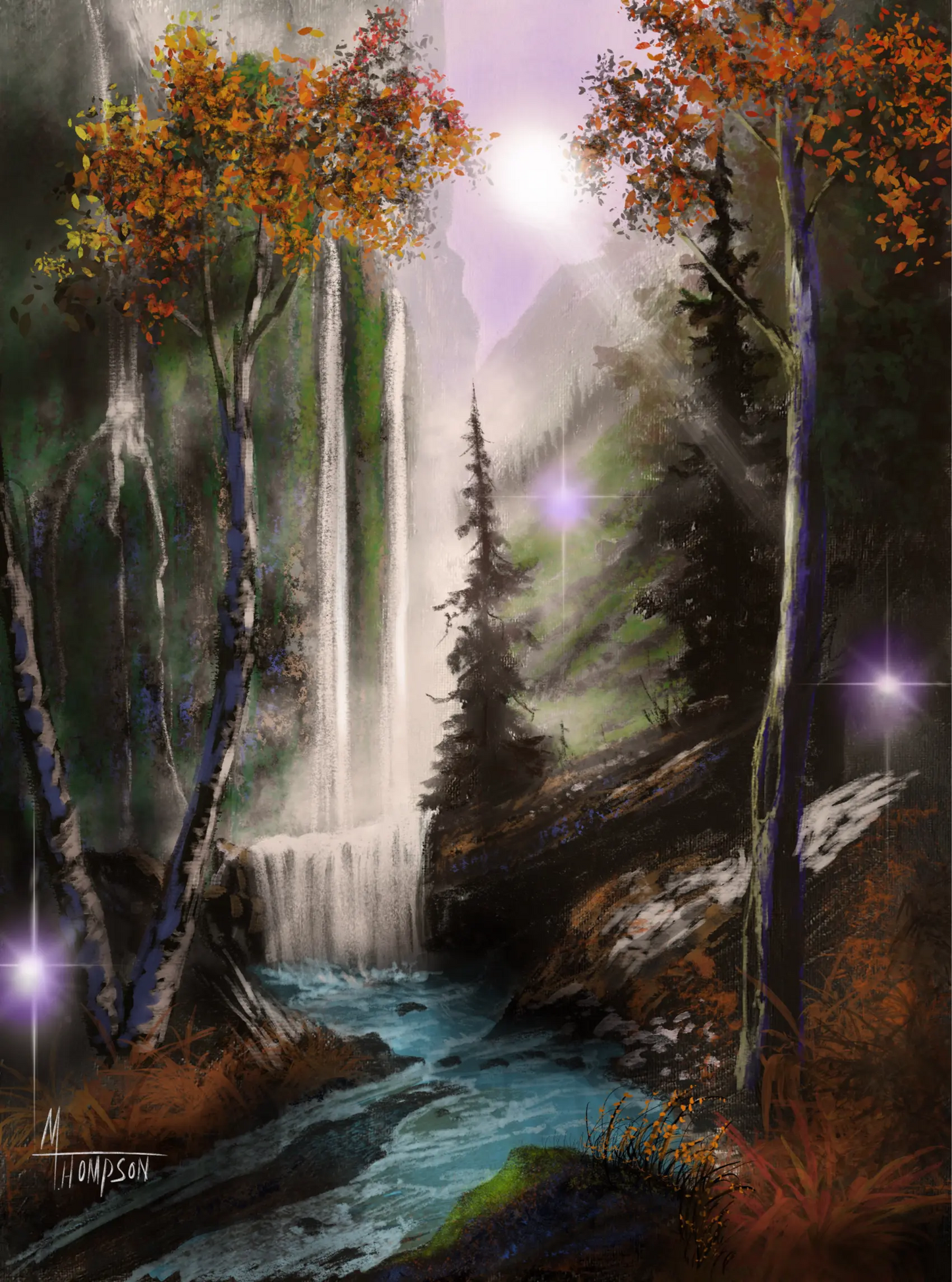 Painting of a waterfall surrounded by The Holy Trinity & trees with autumn foliage.