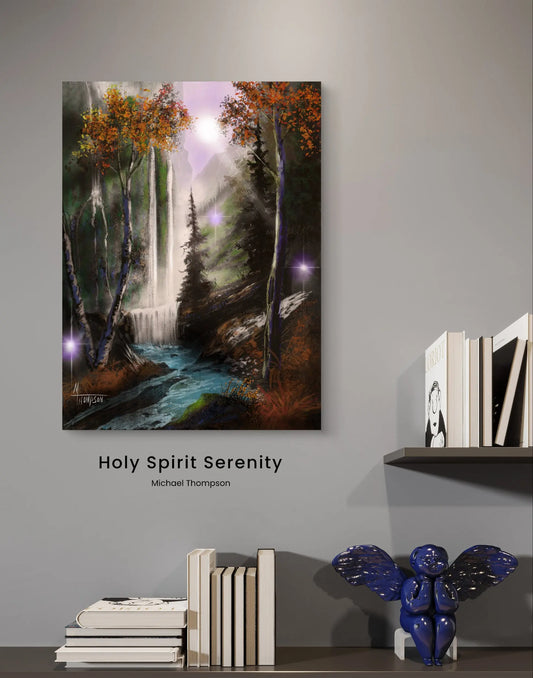 Artistic depiction of a forest scene with The Holy Trinity and a stream on a wall, titled 'Holy Spirit Serenity' by Michael Thompson.