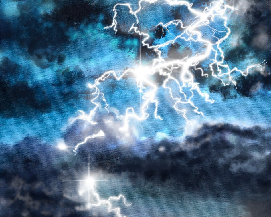 Artistic depiction of lightning bolts against a dark blue and black sky.
