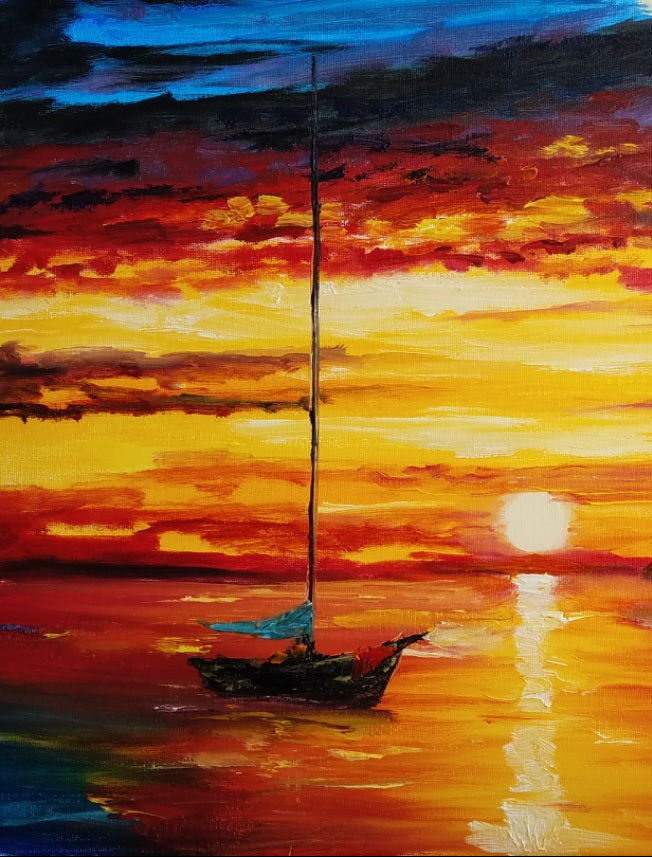 Painting of a sailboat on water with a vibrant sunset sky.