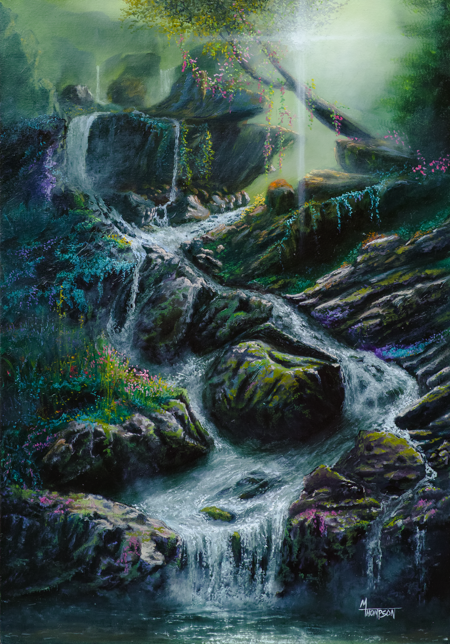“Christian painting titled ‘Restful Twilight’ by M. Thompson, featuring a glowing waterfall, mossy rocks, and pink blossoms in a forest landscape.”