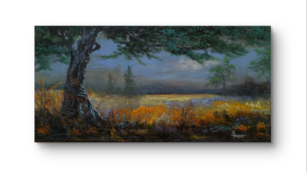 Painting of a landscape with a tree and field