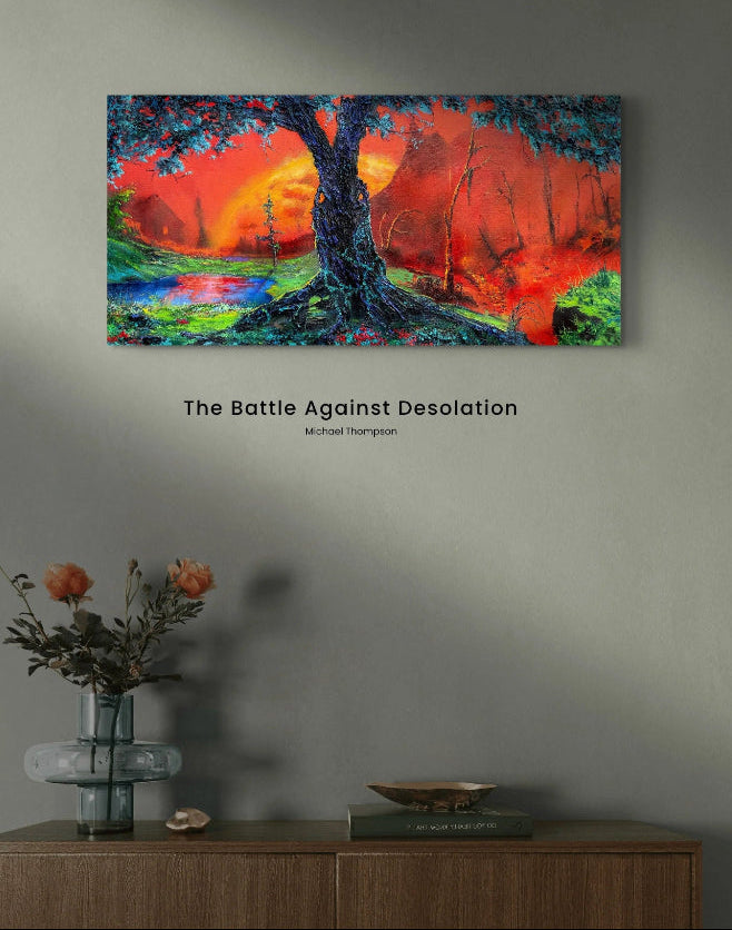Colorful abstract painting titled 'The Battle Against Desolation' by Michael Thompson on a gray wall above a wooden console table.