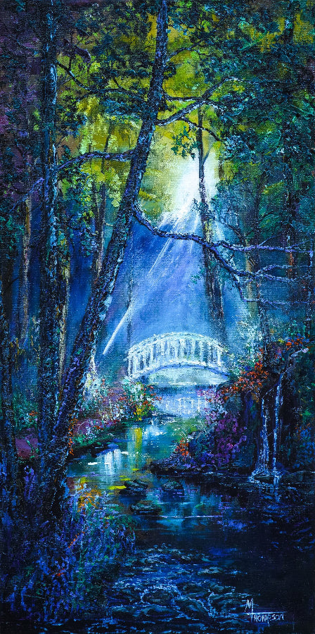 Painting of a bridge in a forest with a bright light source