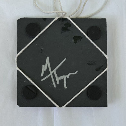 Black square SLATE COASTER SIGNED ON BACK