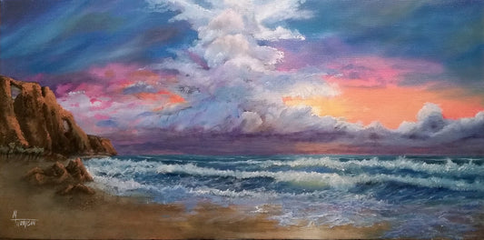 “Breaking Light by Michael Thompson, waves and clouds reflecting Psalm 19:1: ‘The heavens declare God’s glory.’”