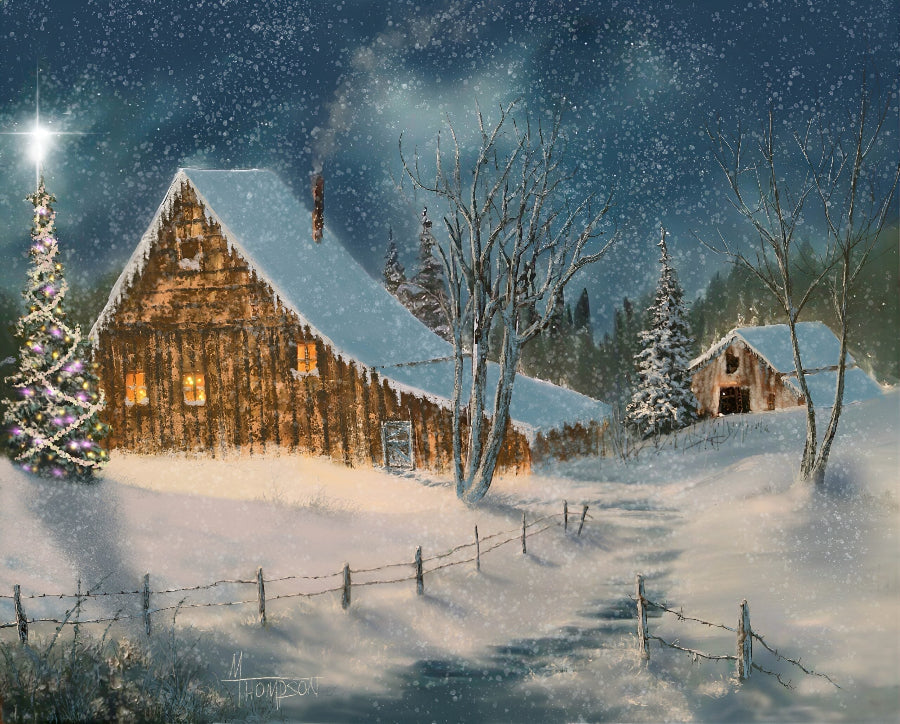 Winter scene with a cabin, Christmas tree, and snow-covered landscape.