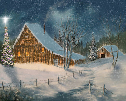 Winter scene with a cabin, Christmas tree, and snow-covered landscape.
