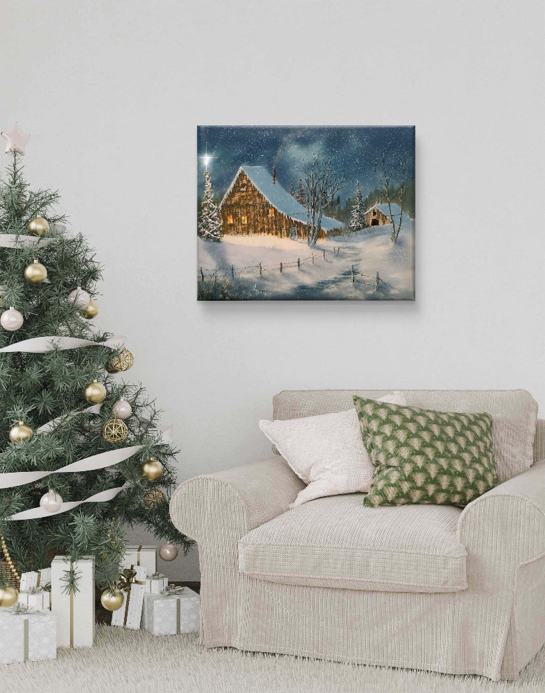 Living room with Christmas tree and snowy landscape painting on the wall