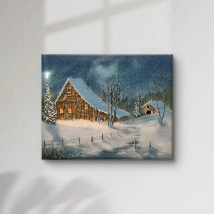 Winter scene with a wooden cabin and snow-covered landscape on a gray background