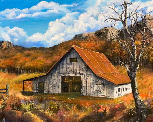 Painting of a rustic barn with a mountainous landscape and autumn colors.