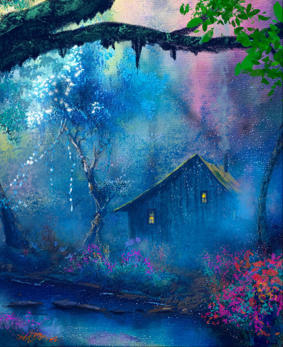 Fantasy landscape with a small house by a stream under a starry sky.