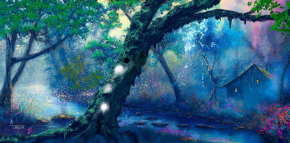 Fantasy forest scene with glowing orbs and a mystical atmosphere