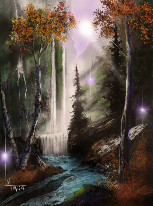 Painting of a waterfall surrounded by The Holy Trinity & trees with autumn foliage.
