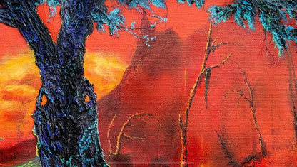 Abstract painting of a tree with a vibrant red and orange background