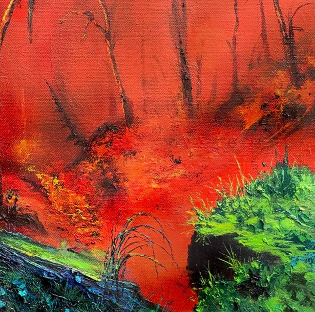 Abstract painting with red and green colors