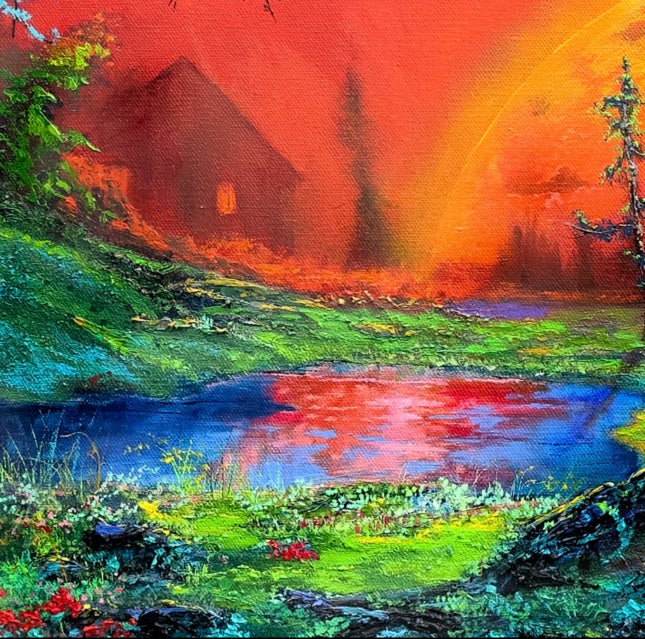 Colorful landscape painting with a house, rainbow, and lake.