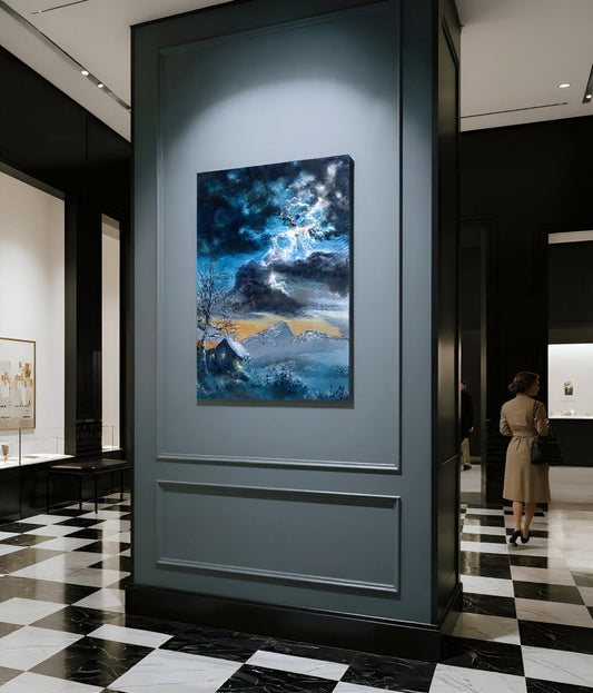 Abstract painting on a wall in an art gallery with a checkered floor.