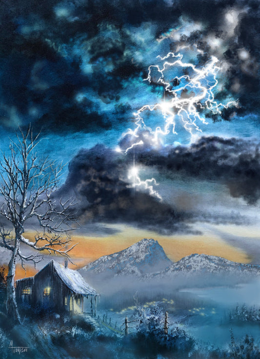 “‘In Awesome Wonder’ Christian art depicting a serene snowy valley with mountains, a warm cabin, and powerful lightning bolts across stormy clouds.”