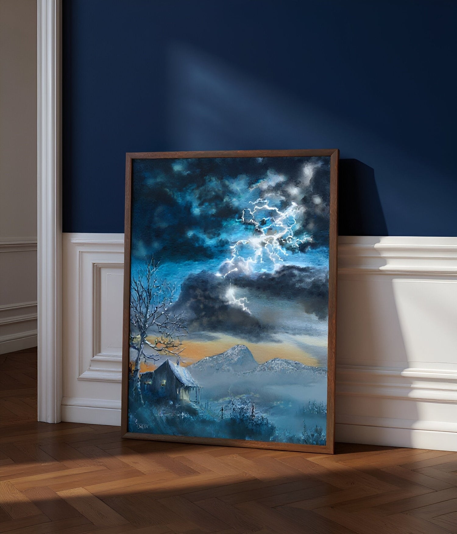 “‘In Awesome Wonder’ Christian art depicting a serene snowy valley with mountains, a warm cabin, and powerful lightning bolts across stormy clouds.”