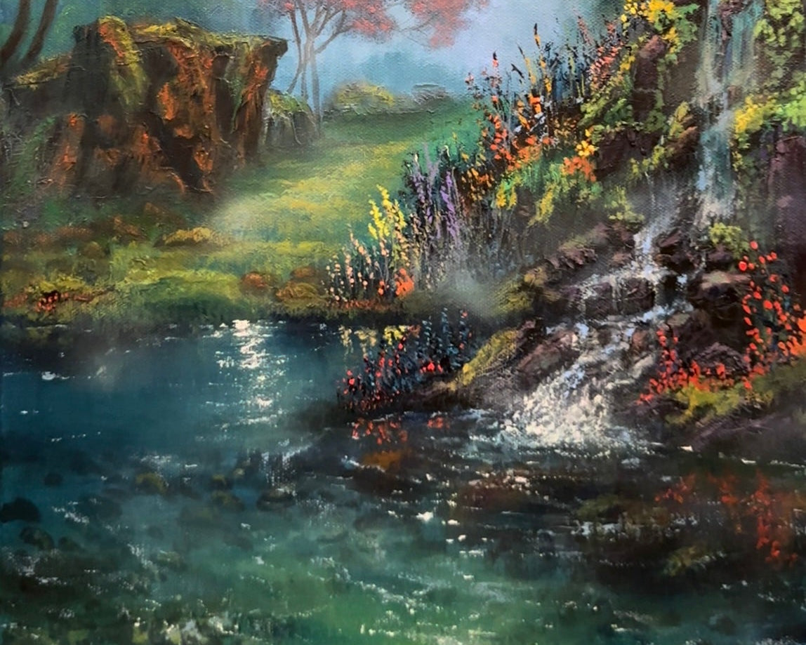 A colorful landscape painting depicting a serene forest stream with a waterfall, trees, and bright red foliage under a glowing starry sky.
