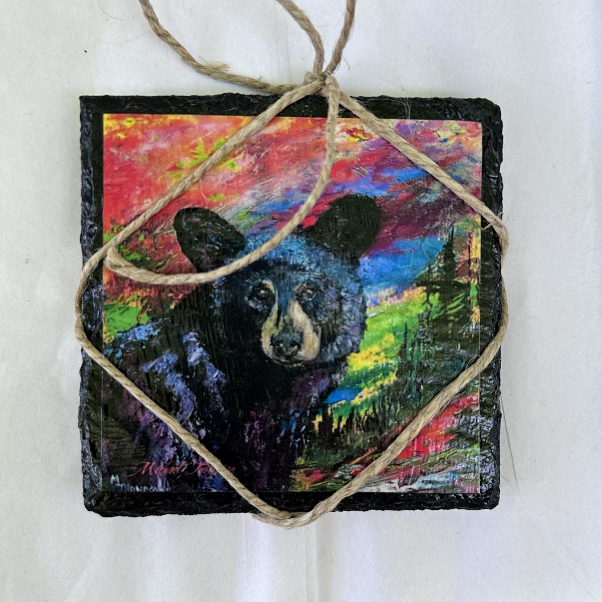 Artistic depiction of a bear on a colorful background with twine, against a white background.