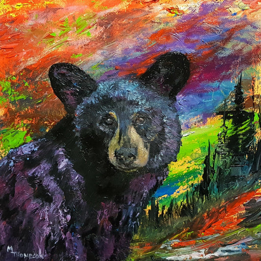 Colorful painting of a bear with a vibrant background