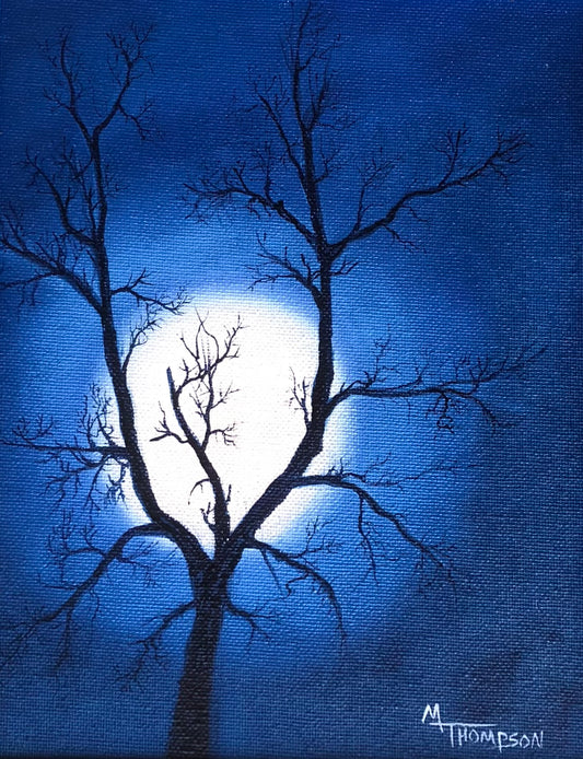Silhouette of a tree against a blue night sky with a full moon, artist's signature visible. Midnight Moon_Mthompsonstudio.com