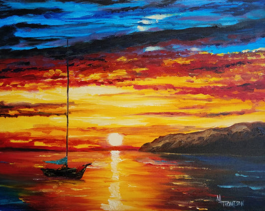 Painting of a sailboat on water with a vibrant sunset sky
