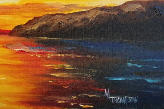 Painting of a mountain landscape with a sunset over water, signed 'M. Thomson'.