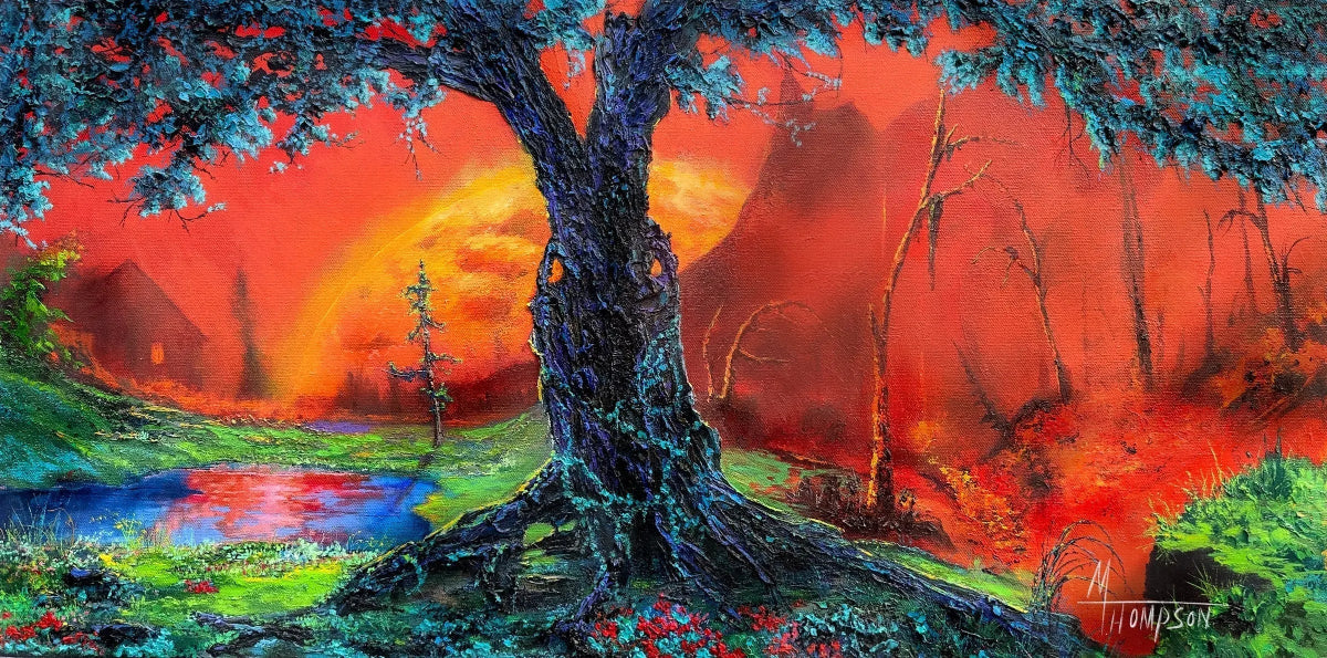 “‘The Battle Against Desolation’ by Michael Thompson – colorful Christian art depicting a central tree, flowing river, and intense red-orange backdrop.
