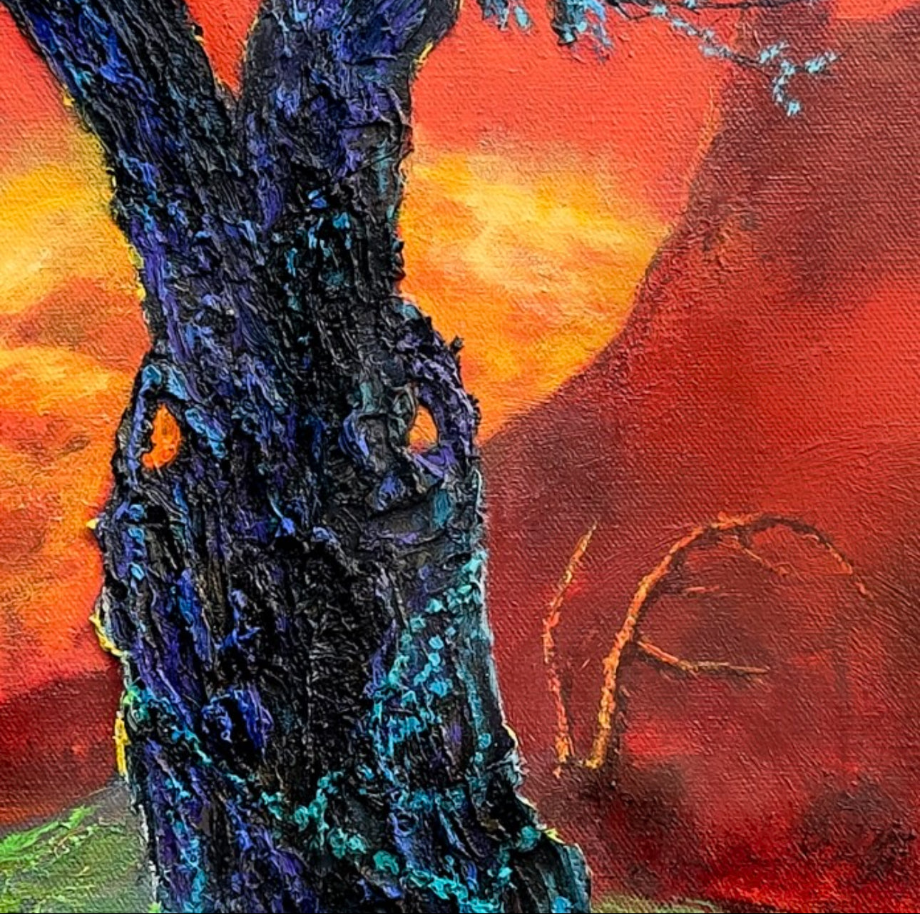 “‘The Battle Against Desolation’ Christian artwork featuring a bold tree against a fiery red and orange landscape with vibrant green and blue accents.”
