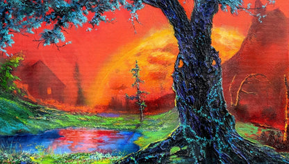 “‘The Battle Against Desolation’ Christian artwork featuring a bold tree against a fiery red and orange landscape with vibrant green and blue accents.”