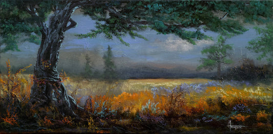 Painting of a landscape with a tree, field, and distant trees.