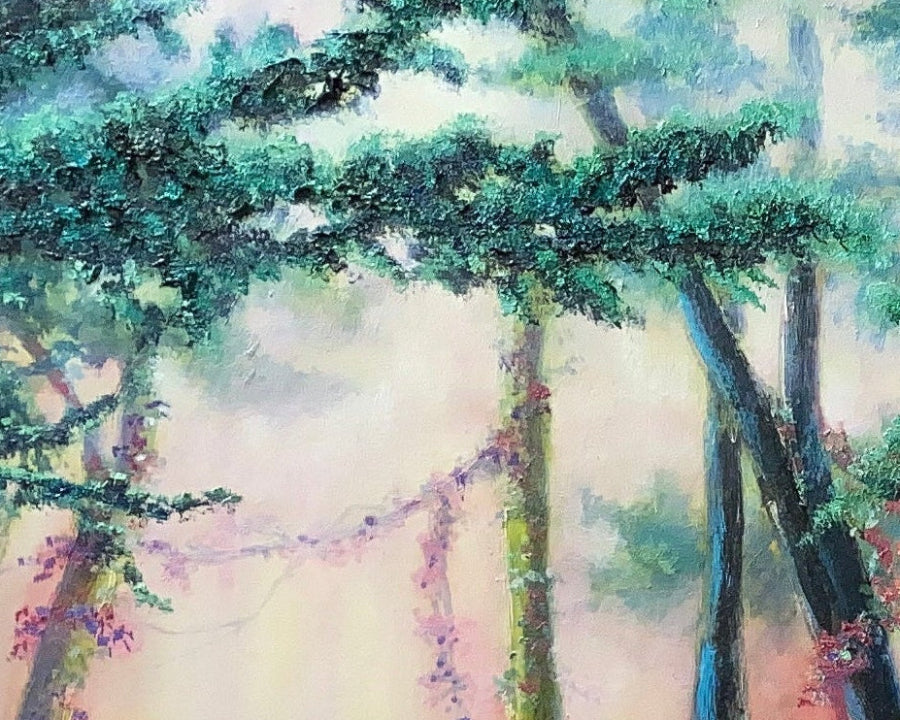 Painting of a forest with trees and foggy background
