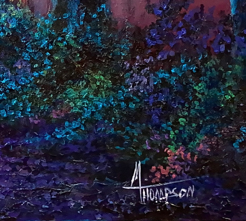 Abstract painting with dark blue, purple, and green hues, signed 'M. Thompson'.