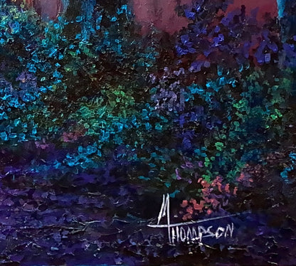 Abstract painting with dark blue, purple, and green hues, signed 'M. Thompson'.