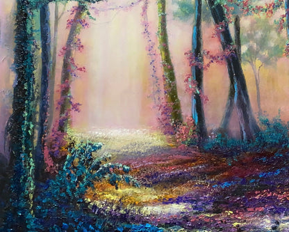 Painting of a forest scene with trees and a path