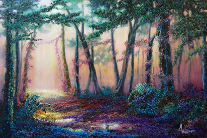 Misty forest scene with trees and a path, evoking a sense of tranquility.